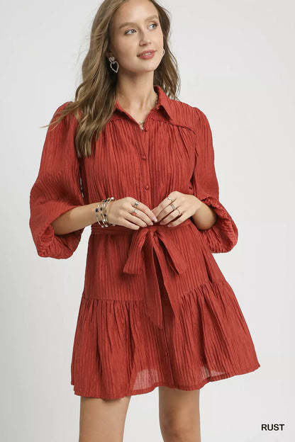 RUST Button-Front Crinkle Textured Long Sleeve with Waist Tie Mini Dress | Trendy Mini Dresses Outfit Idea for Women by Ro + Ivy | Elevated Basics, Modern Comfort & Style