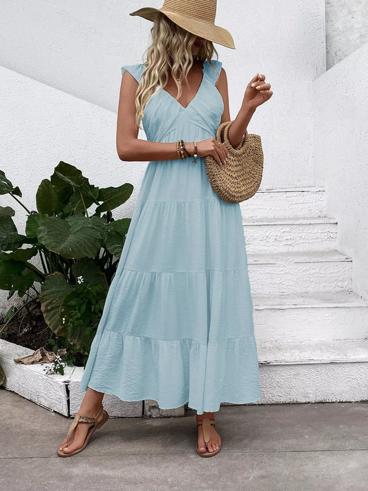 Women's Flowy V-Neck Tiered Maxi Dress with Flutter Sleeves Light Blue