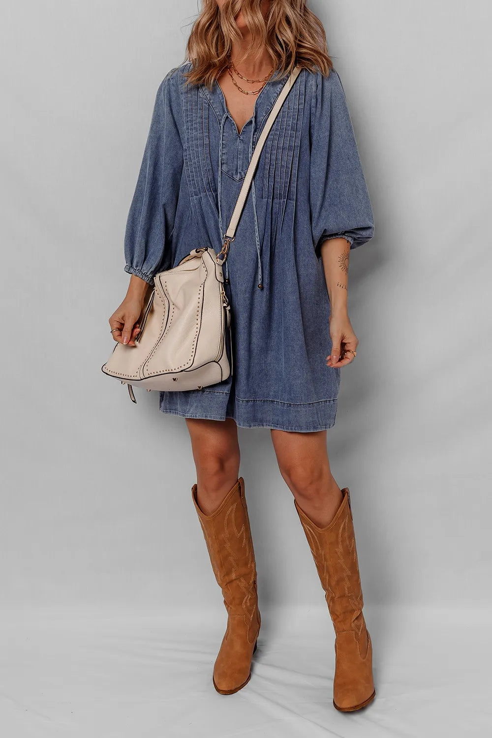 Tie Neck Long Sleeve Mini Denim Dress - Mini Dresses