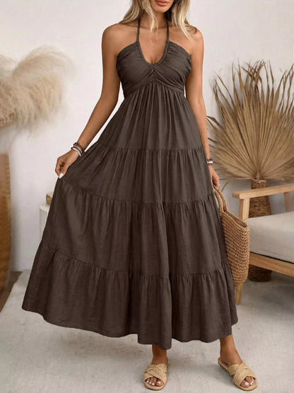 Women's Flowy Halter Neck Tiered Midi Dress - Midi Dresses