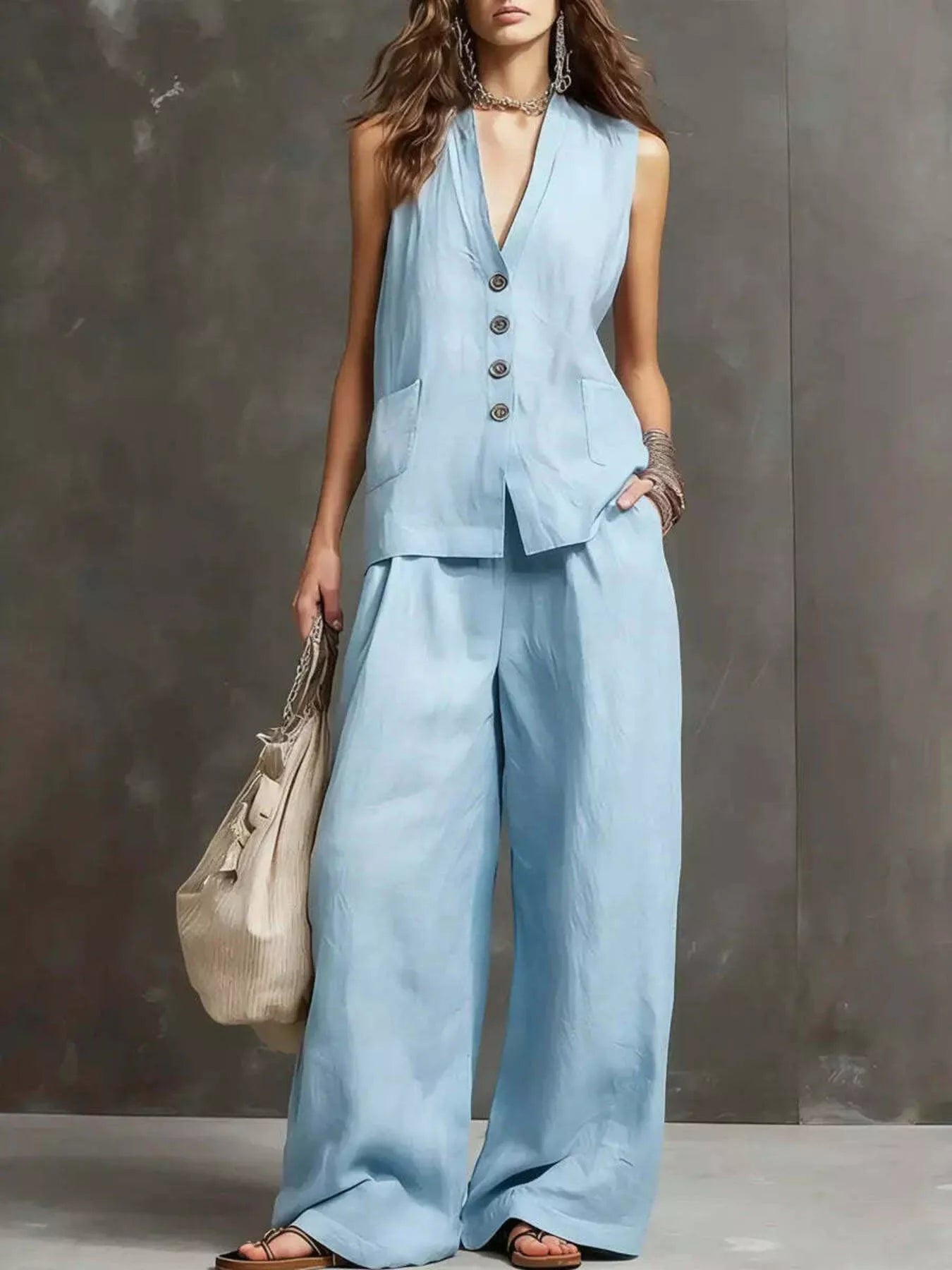 Women's Flowy Sleeveless Vest and Wide Leg Pants Set - Light Blue Matching Sets