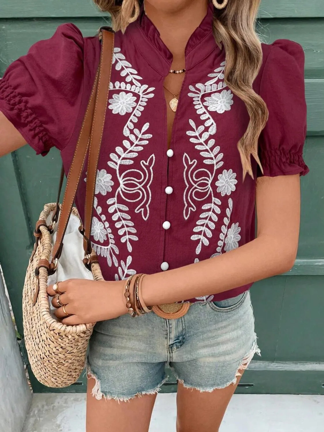 Embroidered Frill Notched Short Puff Sleeve Blouse - Blouses