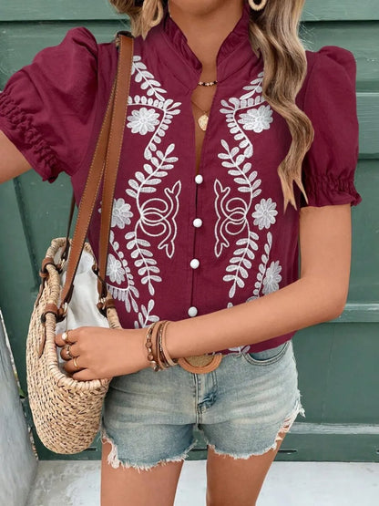 Embroidered Frill Notched Short Puff Sleeve Blouse - Blouses