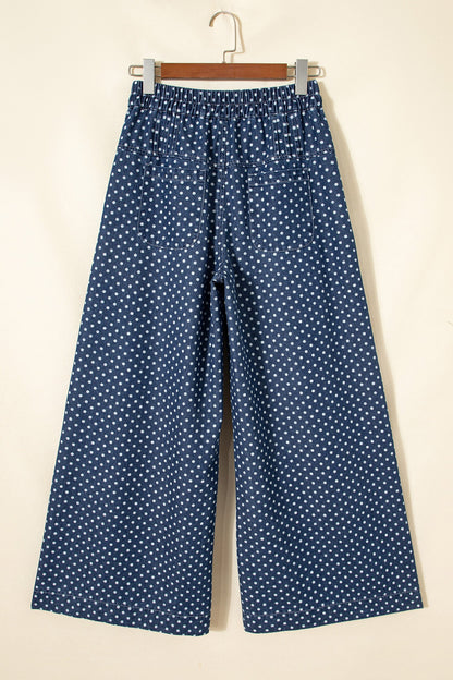 Polka Dot Button Front Pleated Wide Leg Denim Jeans — Charming Trendy Everyday Style - Bottoms/Jeans