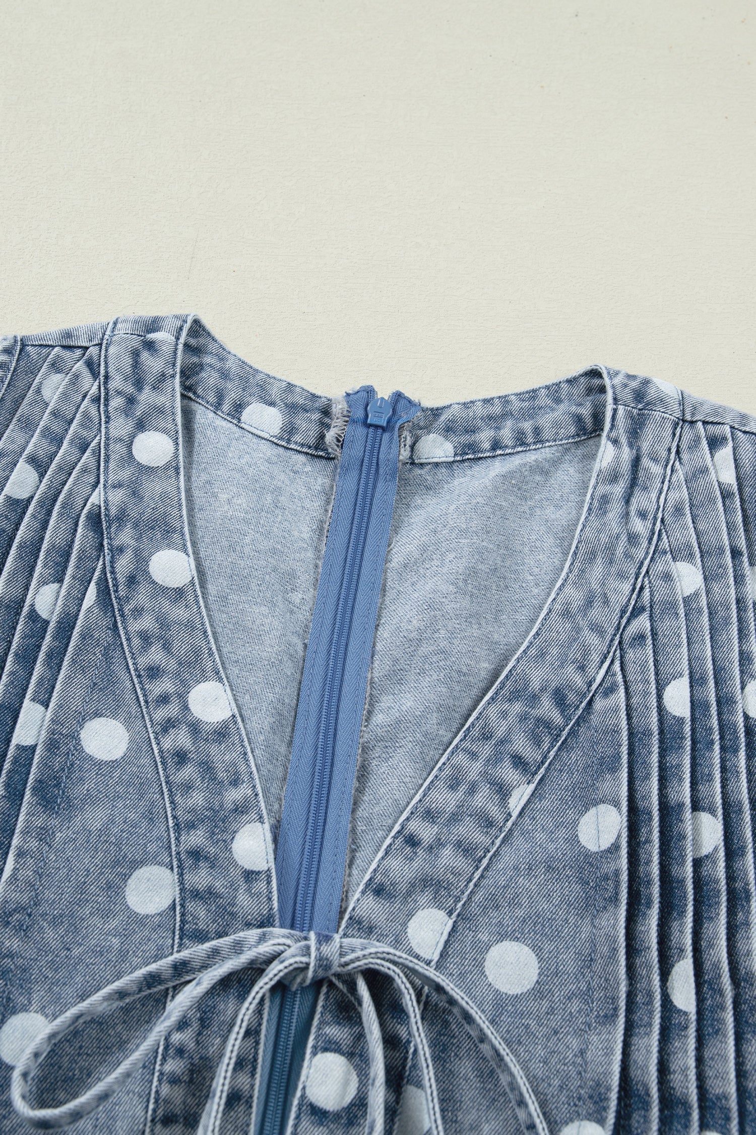 Polka Dot Denim Tie V-Neck Pleated Relaxed Romper — Playful Charming Everyday Style - Bottoms/Jumpsuits & Rompers