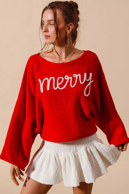 RED IVORY Red "Merry" Lettering Lightweight Boatneck Christmas Top | Trendy Tops Outfit Idea for Women by Ro + Ivy | Elevated Basics, Modern Comfort & Style
