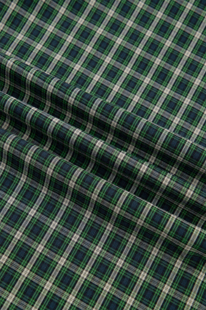 Green Plaid Shirred Bodice Ruffle Hem Maxi Dress