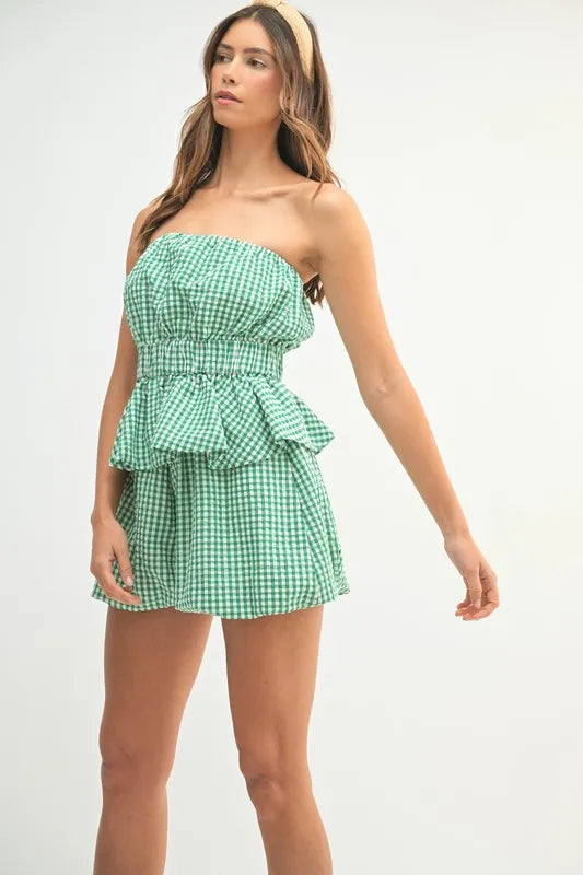 Gingham Strapless Tube Top & Matching Shorts Two-Piece Set — Trendy Warm Weather Cute Style - Outfit Sets