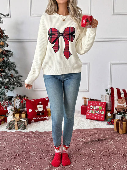 Christmas Bow Ribbed Drop-Shoulder Knit Sweater