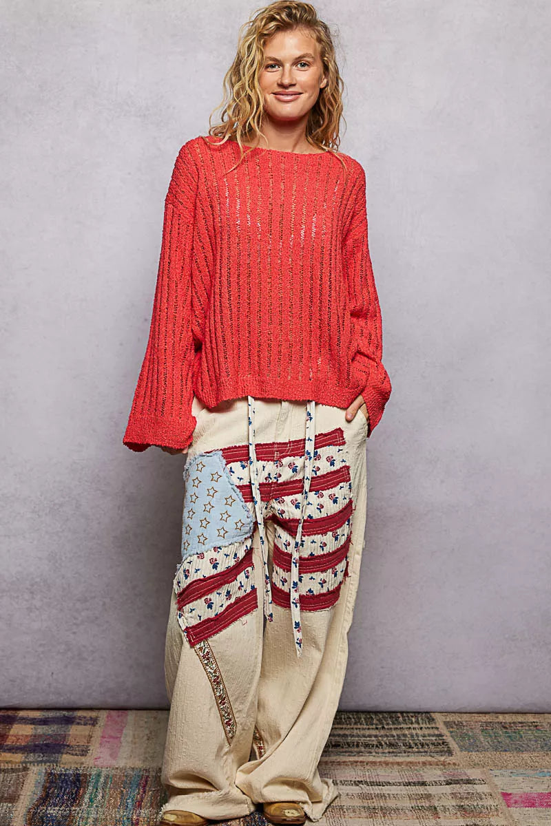 Round Neck Long Sleeve Open Weave Sweater - Sweaters