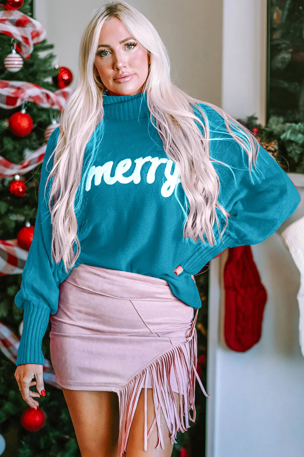 Pastel Blue "Merry" Turtleneck Dolman Sleeves Christmas Sweater | Trendy Sweaters Outfit Idea for Women by Ro + Ivy | Elevated Basics, Modern Comfort & Style