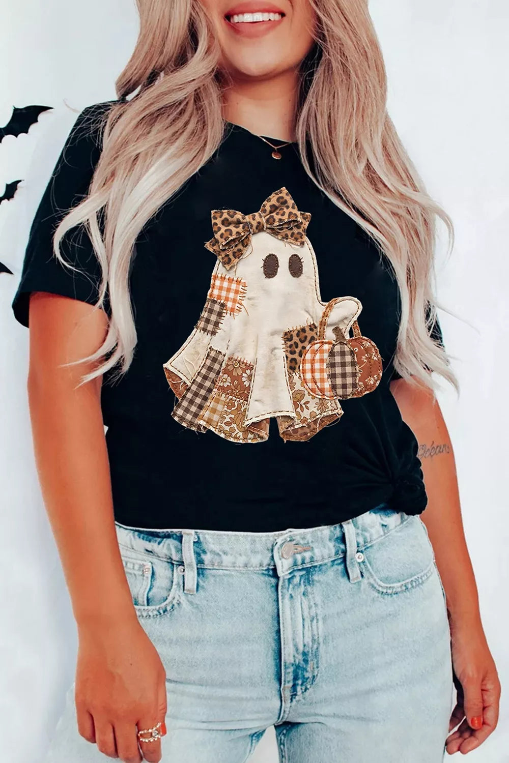 Halloween Plaid Ghost Applique Short Sleeve T-Shirt