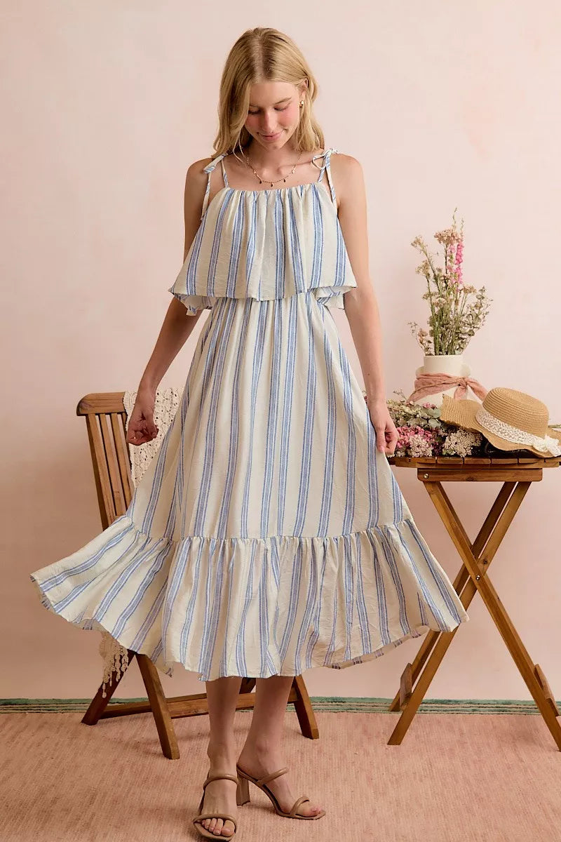 Women's Striped Tiered Shoulder Tie Midi Dress - Midi Dresses