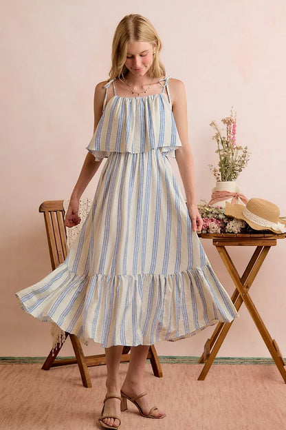 Women's Striped Tiered Shoulder Tie Midi Dress - Midi Dresses