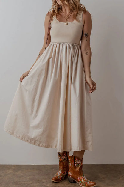 Women's Scoop Neck Ribbed Bodice Sleeveless Midi Tank Dress - Beige Midi Dresses