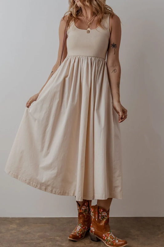 Women's Scoop Neck Ribbed Bodice Sleeveless Midi Tank Dress Beige