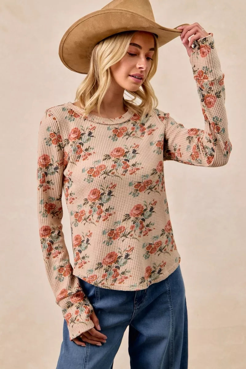 Taupe Washed Floral Long Sleeve Waffle Thermal Top with Sleeve Thumb Hole | Trendy Tops Outfit Idea for Women by Ro + Ivy | Elevated Basics, Modern Comfort & Style