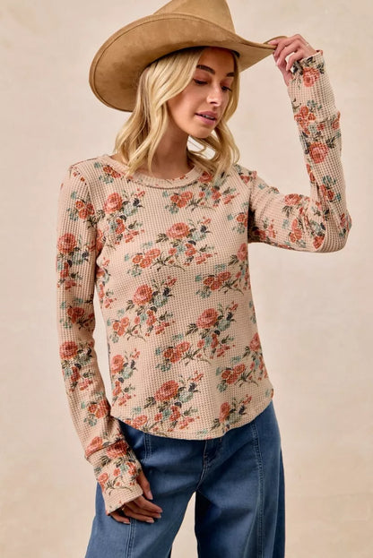 Taupe Washed Floral Long Sleeve Waffle Thermal Top with Sleeve Thumb Hole | Trendy Tops Outfit Idea for Women by Ro + Ivy | Elevated Basics, Modern Comfort & Style
