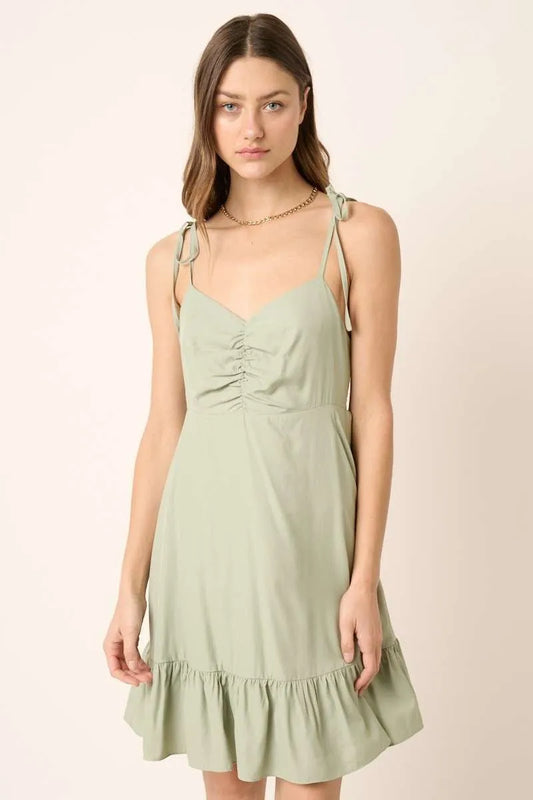 Cotton Ruched Spaghetti Strap Mini Dress - SAGE Mini Dresses