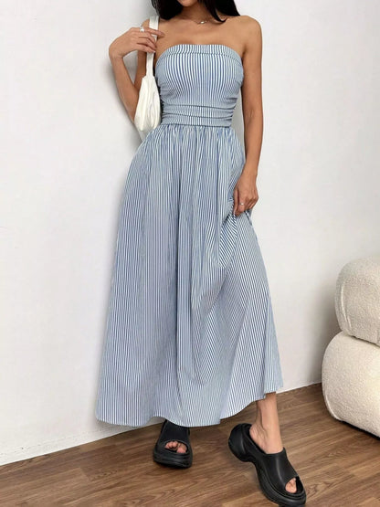 Strapless Featherweight Cotton Striped Maxi Dress - Maxi Dresses