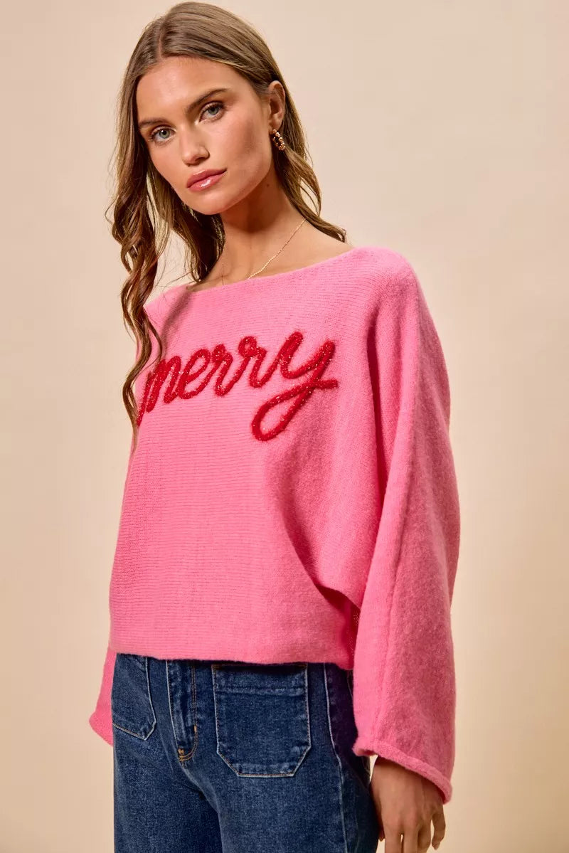Pink "Merry" Lettering Lightweight Boatneck Christmas Top | Trendy Tops Outfit Idea for Women by Ro + Ivy | Elevated Basics, Modern Comfort & Style
