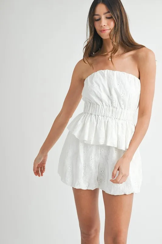 Floral Eyelet Lace Tube Top And Short Set – outfit idea for women | Ro + Ivy