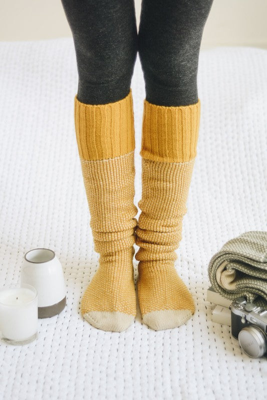 Mustard Default Long Knit Knee High Lounge Socks Trendy Socks Outfit Idea for Women | Ro + Ivy