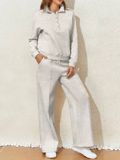 Women's Collared Sweatshirt and High Waist Pants Active Set - Activewear Sets
