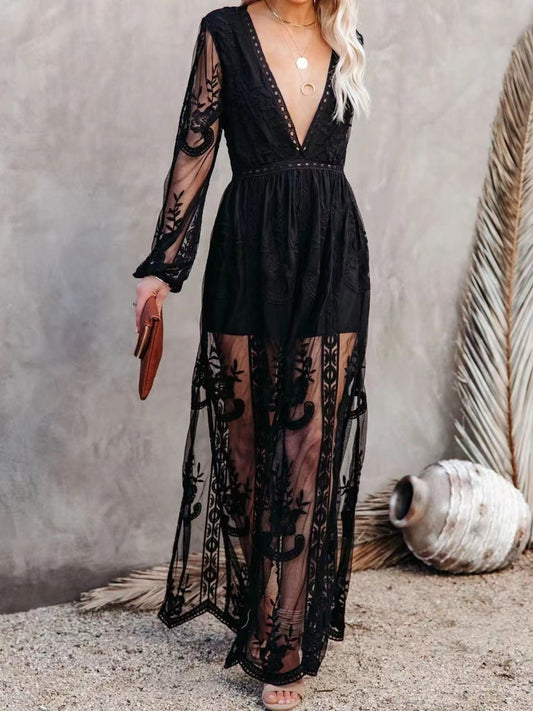 Plunging V Neckline Floral Lace Maxi Dress Black