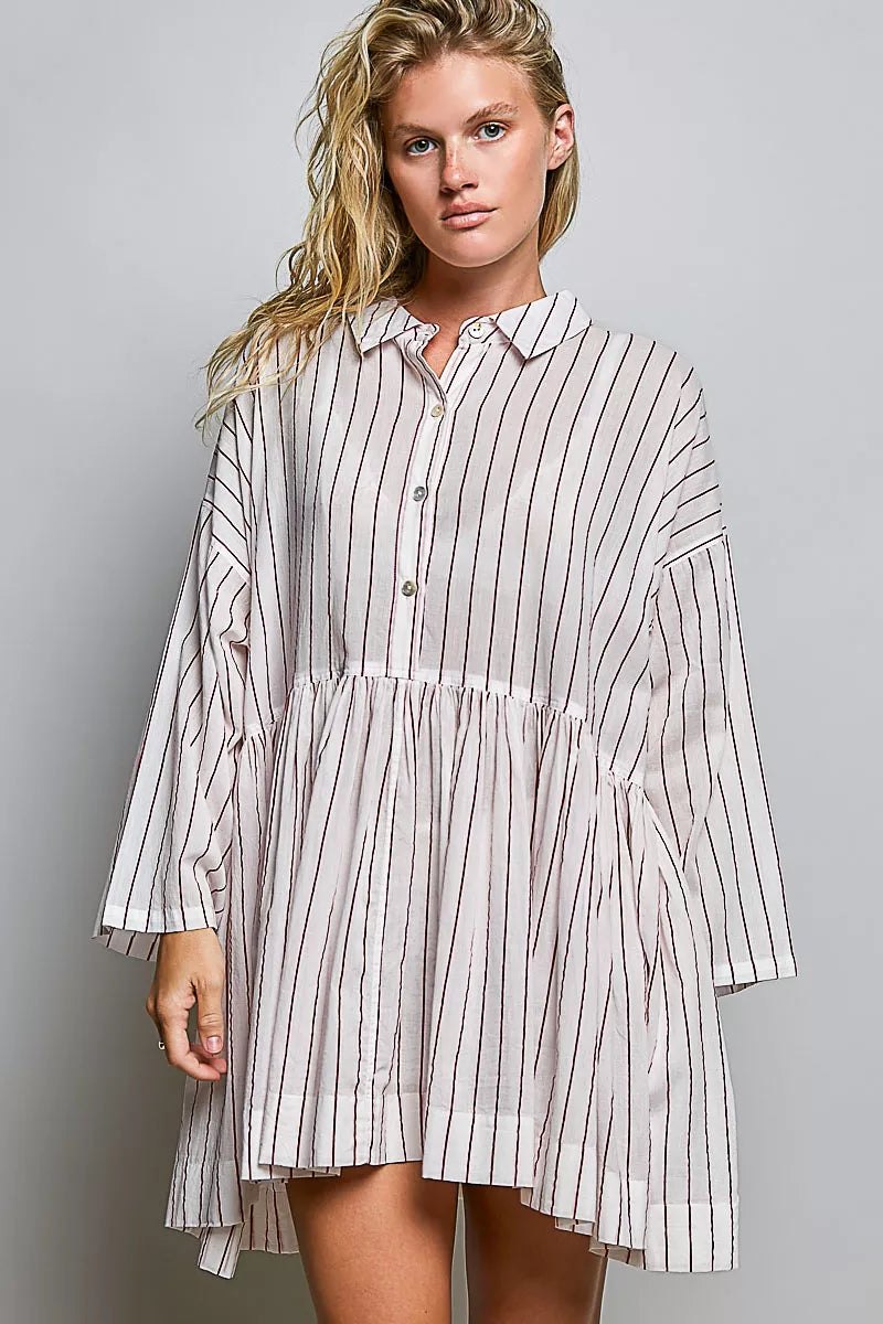 Women's Striped Gathered Waist Shirt Mini Dress - RED STRIPE Mini Dresses