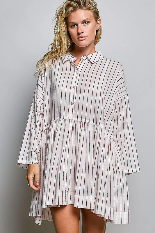 Women's Striped Gathered Waist Shirt Mini Dress RED STRIPE