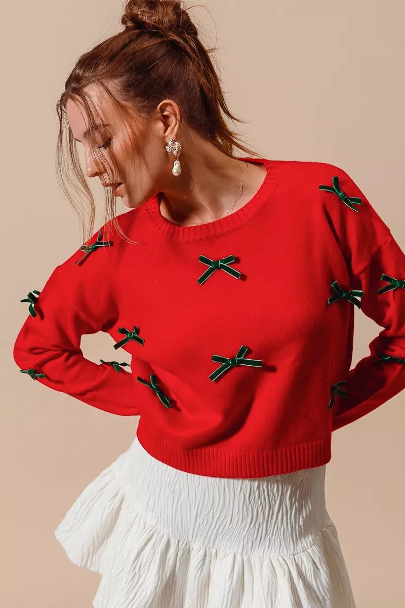 RED HUNTER Long Sleeve Ribbon Bow Applique Sweater in Red | Trendy Sweaters Outfit Idea for Women by Ro + Ivy | Elevated Basics, Modern Comfort & Style
