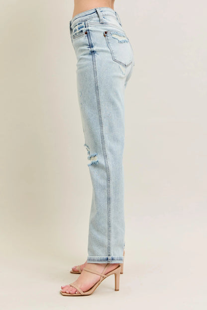 Distressed Single Cuff Boyfriend Jeans Trendy Jeans Outfit Idea for Women | Ro + Ivy