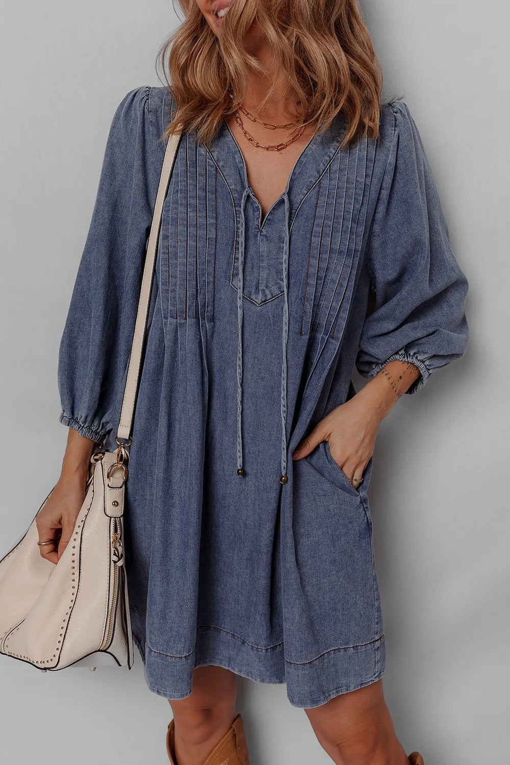 Tie Neck Long Sleeve Mini Denim Dress - Mini Dresses