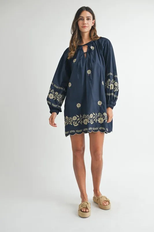 Embroidered Long Sleeve Peasant Mini Dress – outfit idea for women | Ro + Ivy
