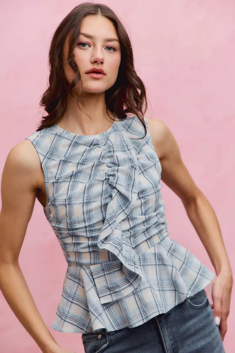 Women's Plaid Sleeveless Ruffle Peplum Top - Tops