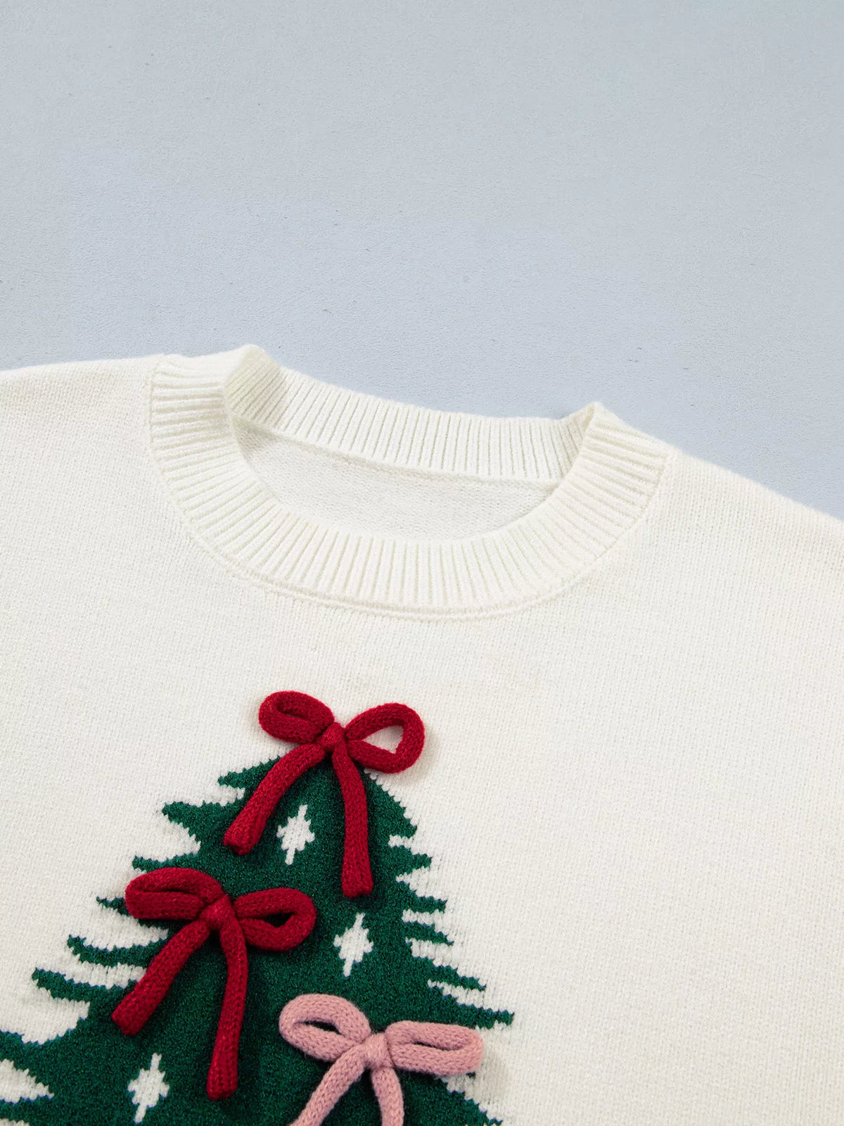 Christmas Tree Bow Drop-Shoulder Knit Sweater