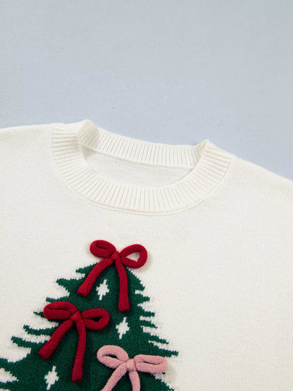 Christmas Tree Bow Drop-Shoulder Knit Sweater