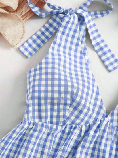 Women's Gingham Tie Shoulder Ruffle Hem Mini Dress - Mini Dresses