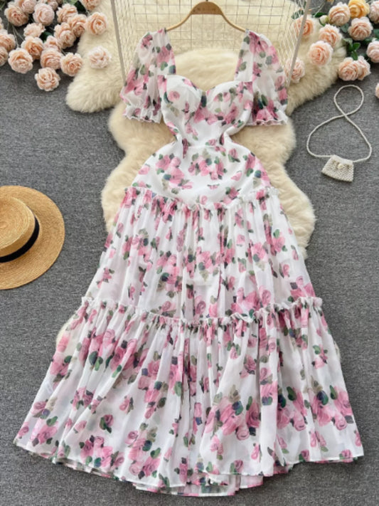 Women's Floral Print Ruffle Hem Midi Dress Floral