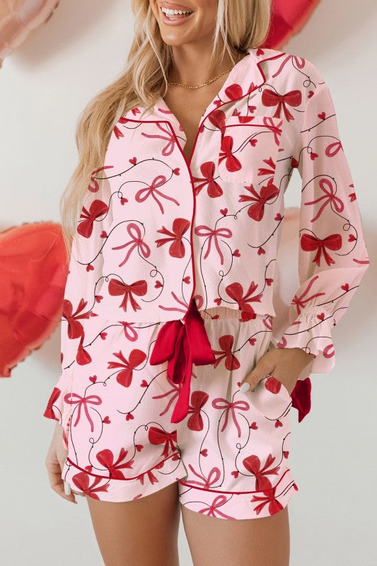 Red Bow Long-Sleeve Pajama Top & Shorts Set | Trendy Pajamas Outfit Idea for Women by Ro + Ivy | Elevated Basics, Modern Comfort & Style