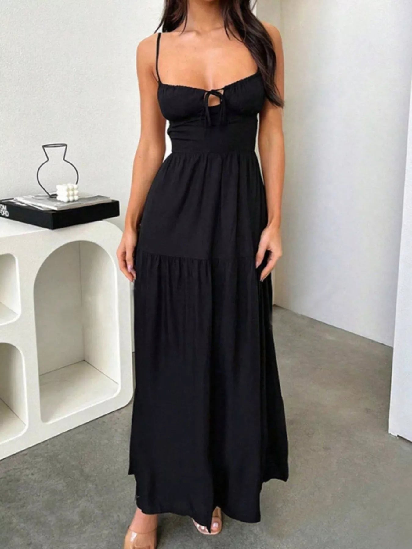 Lace Up Back Maxi Cami Tiered Dress - Black Maxi Dresses