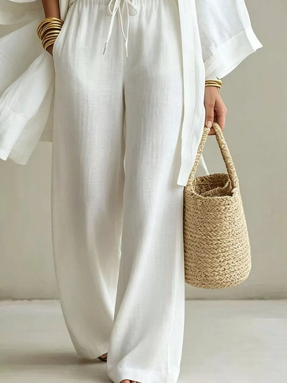 Three-Piece Lounge Set with V-Neck Top, Open Cardigan and Drawstring Pants