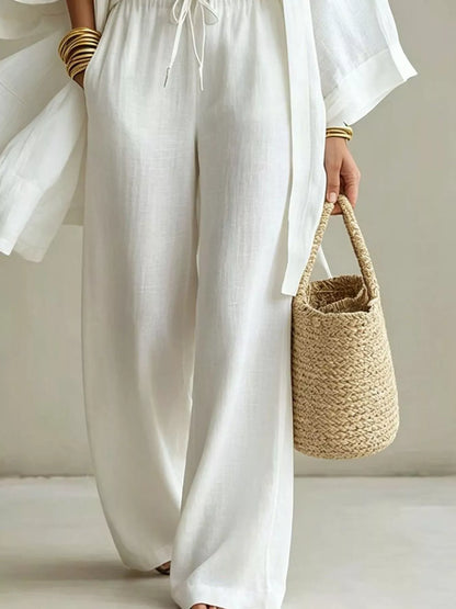 Three-Piece Lounge Set with V-Neck Top, Open Cardigan and Drawstring Pants