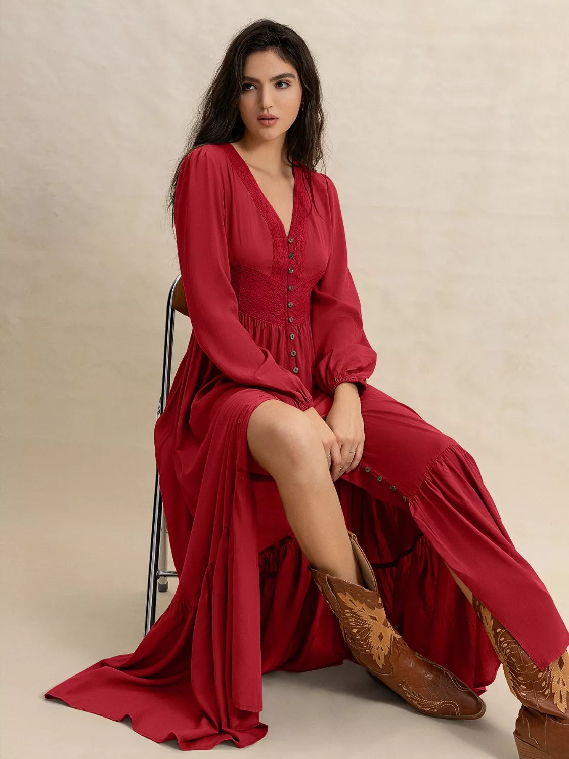 Women's Flowy V-Neck Balloon Sleeve Ruffled Hem Maxi Dress - Maxi Dresses