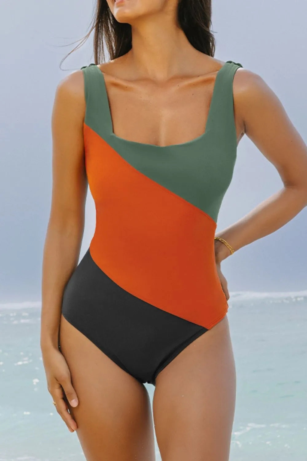 Women's Color Block Padded Square Neck One Piece Swimsuit - Multicolor One-Piece Swimsuits
