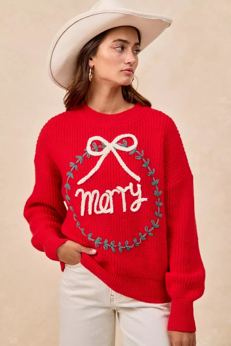 "Merry" Lettering Christmas Wreath Crewneck Sweater | Trendy Sweaters Outfit Idea for Women by Ro + Ivy | Elevated Basics, Modern Comfort & Style