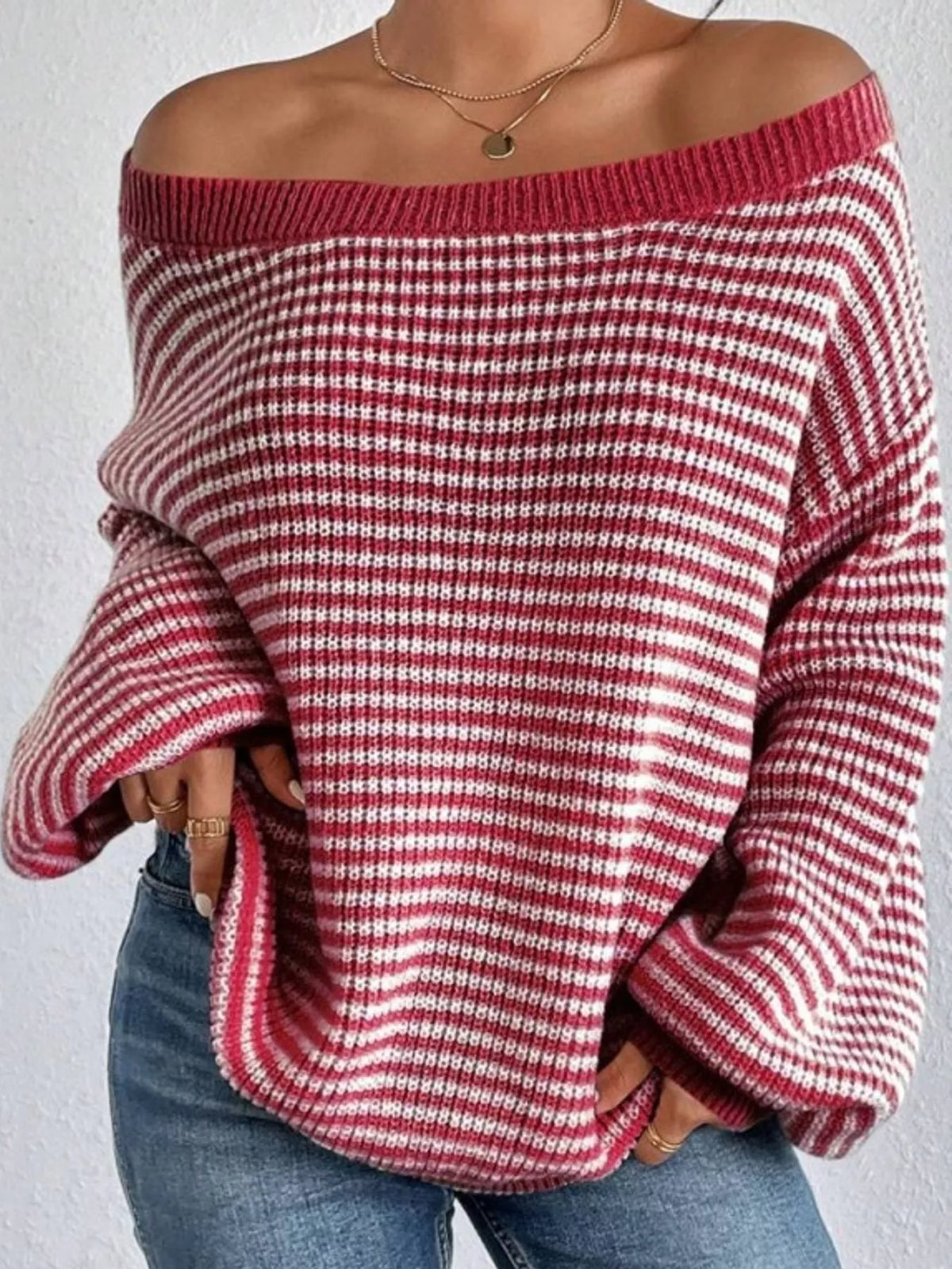 Oversized Striped Ribbed Knit Sweater with Boat Neck Red