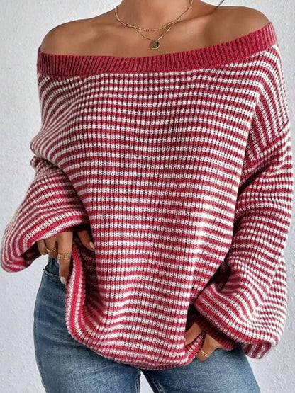 Oversized Striped Ribbed Knit Sweater with Boat Neck Red