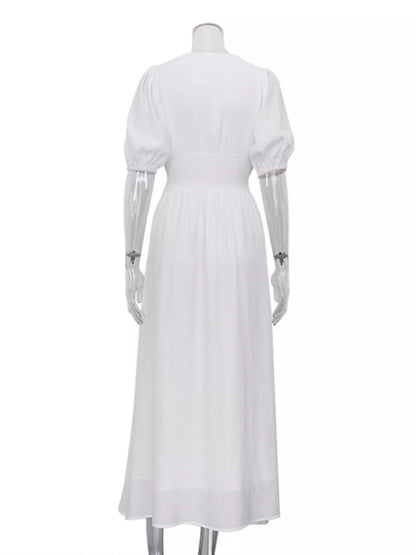 Women's Slit Puff Sleeve Maxi Dress - Maxi Dresses